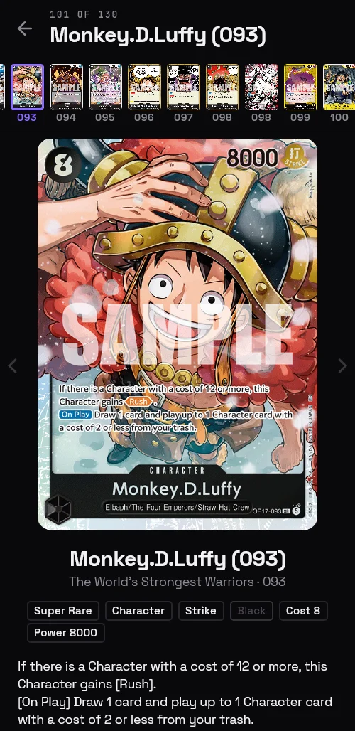 Monkey.D.Luffy from One Piece's The World's Strongest Warriors: the card picture, rarity, type, cost, power and rules text.