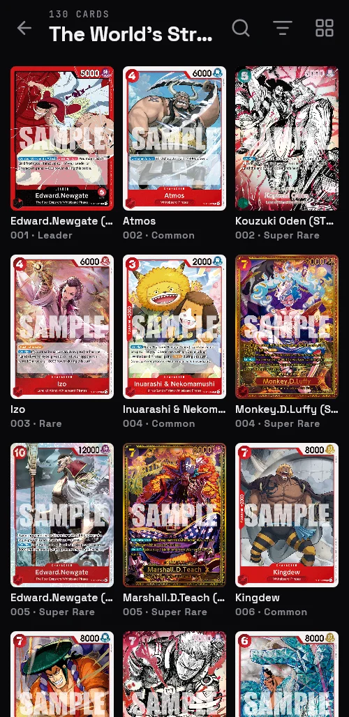 The cards of One Piece's The World's Strongest Warriors, as a grid of card pictures.