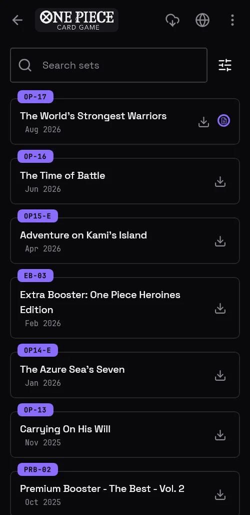 One Piece's sets, newest first, each with its code and release date.
